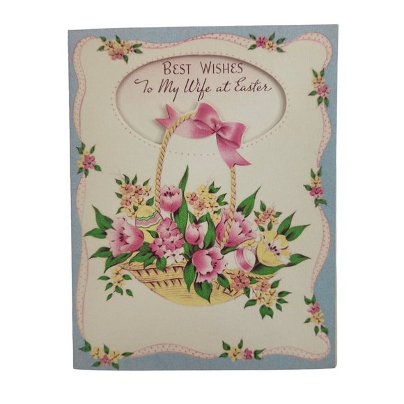 Vintage Easter Card To My Wife Flower Basket Cutout Unused No Envelope - Picture 7 of 7